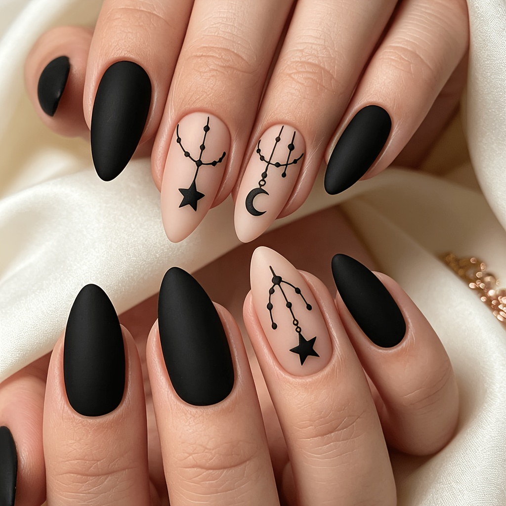 TEMU Faux Ongles Noirs Étoiles, Mat, Longueur Moyenne, , 24pcs, Ongles à Presser, Ongles Y2K, Nail Art Gothique, Kit d'Ongles, Ongles pour Femmes,