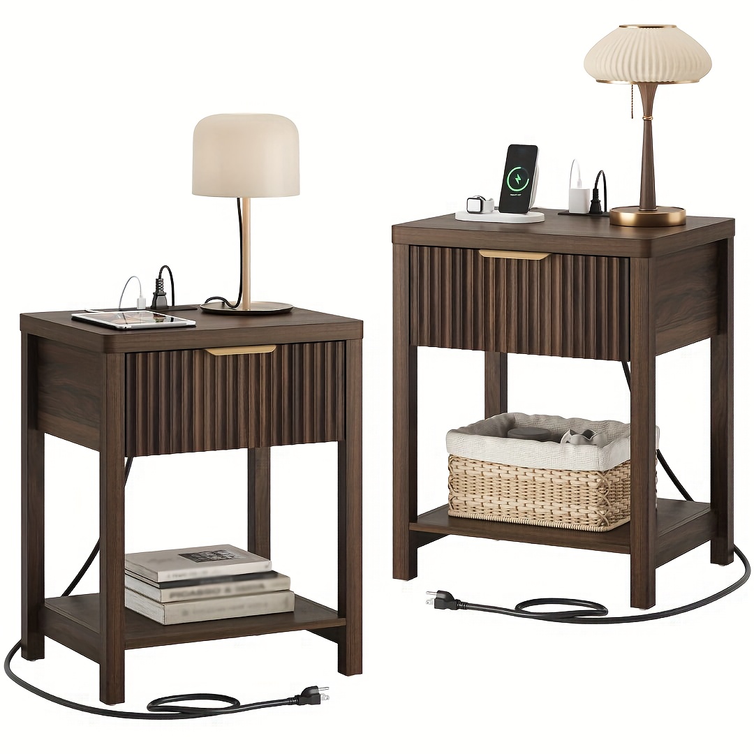 TEMU Set Of 1 Modern Nightstand With Charging Station, 17.7" Wide End Table With Drawers And Storage Shelf, Water Ripple Drawer Front, Bedside Table