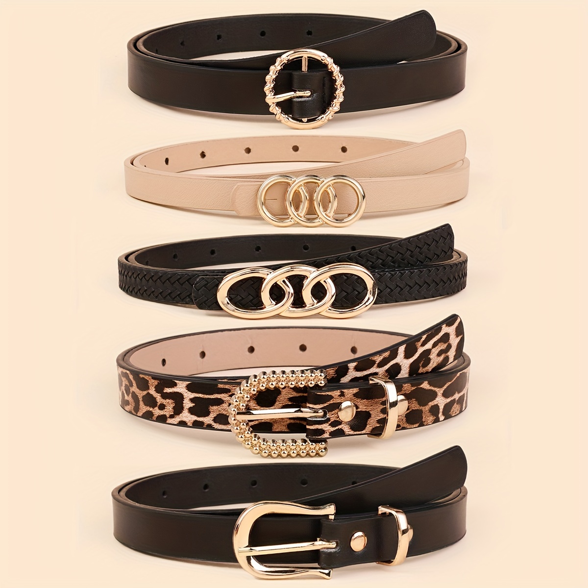 5pcs Skinny Thin Belts Women Solid PU Leather Classic Dress Belt
