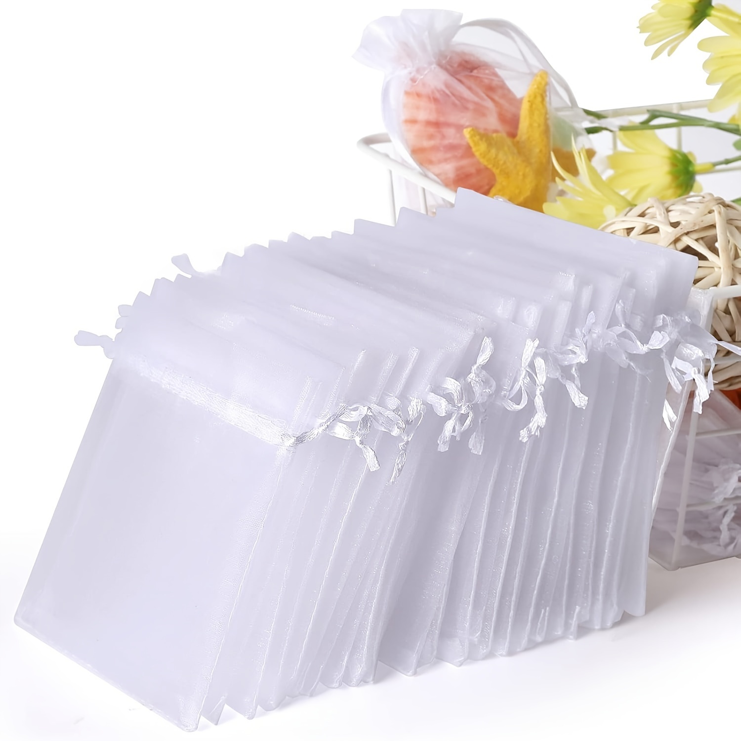 

100pcs White Organza Drawstring Bags, 4x6 Inch Non-woven Jewelry Pouches For Party Favors, Candy, Fruit Protection, And Packaging Supplies, Candy Bags