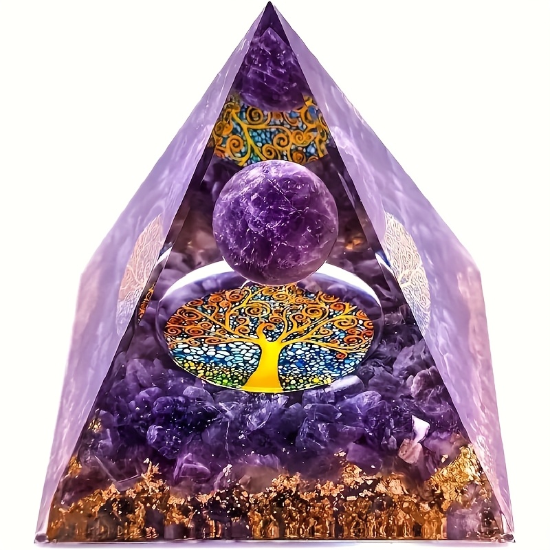 TEMU 1pc Of Resin Pyramid Made Of Amethyst Crushed Stone And Round Balls, Tree Handicraft, Desktop Home Decoration, Handmade Artwork