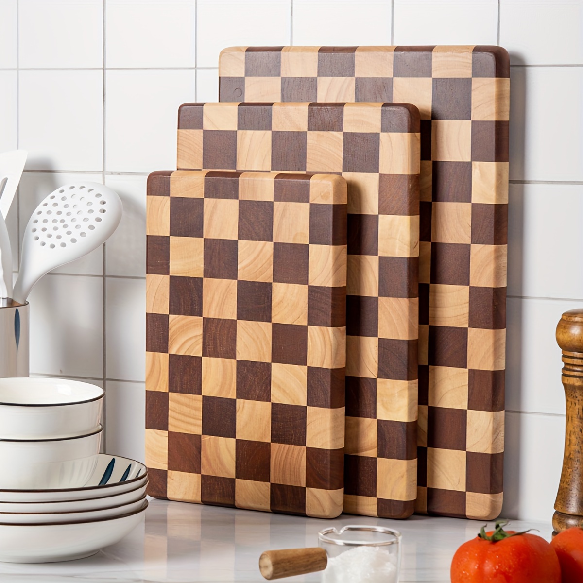 

1pc Creative Checkerboard Pattern Kitchen Cutting Board - Mosaic Design Solid Wood Chopping Block For Vegetables, Fruits & Food Preparation - Non-slip Wooden Butcher Block, Food- Surface