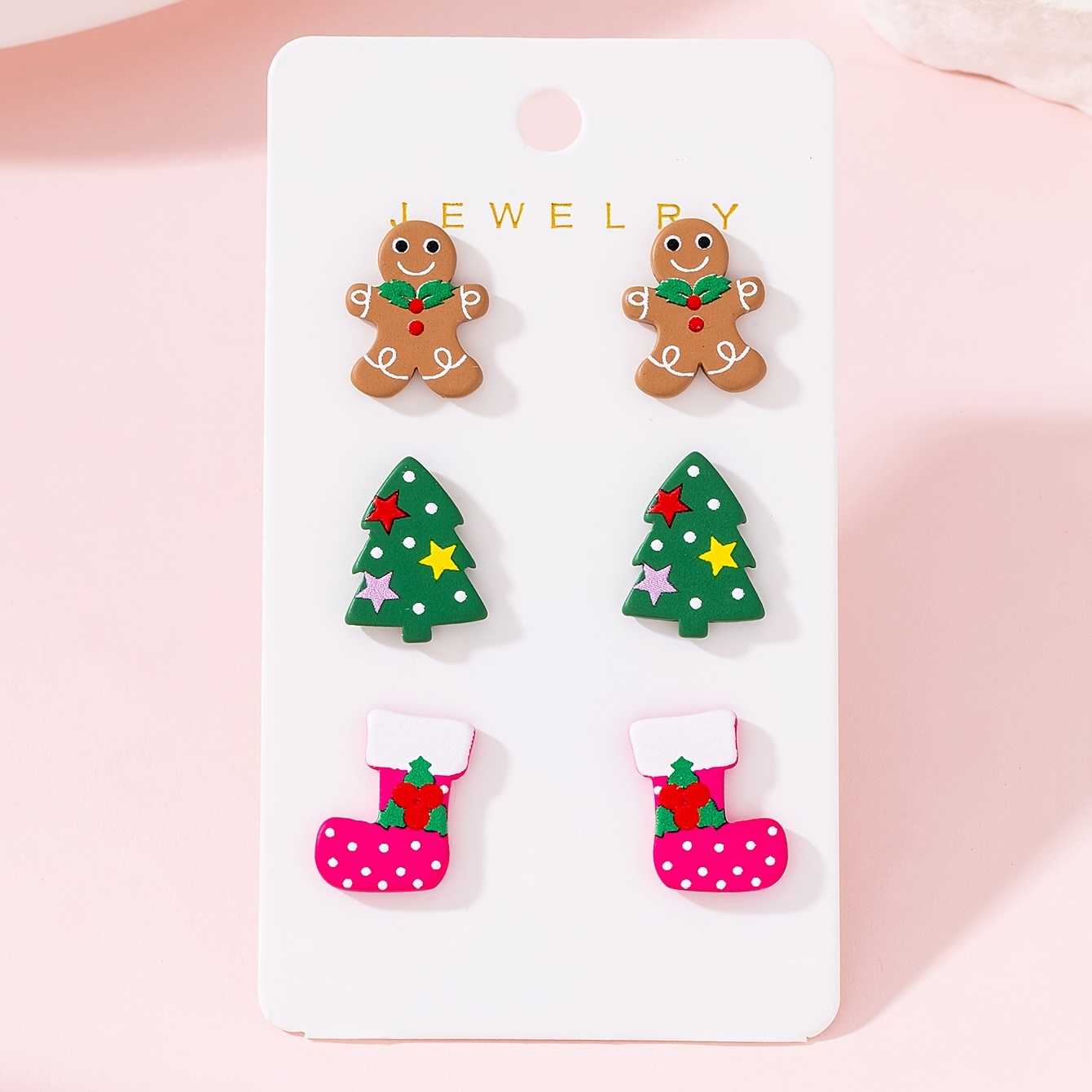 TEMU 3 Pairs/set Of Christmas Cute Gingerbread For Man, Christmas Tree, And Christmas Stocking Enamel Design Women's Fashion Stud Earrings, Suitable