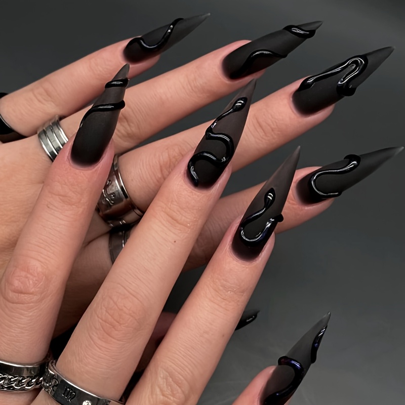 E-shop 24 Stück Mandel Formnägel Schwarz 3D Nägel mit Schlangenmuster Extra Lange Stiletto Glänzende Vollständige Abdeckung Sommer Nagelkunst