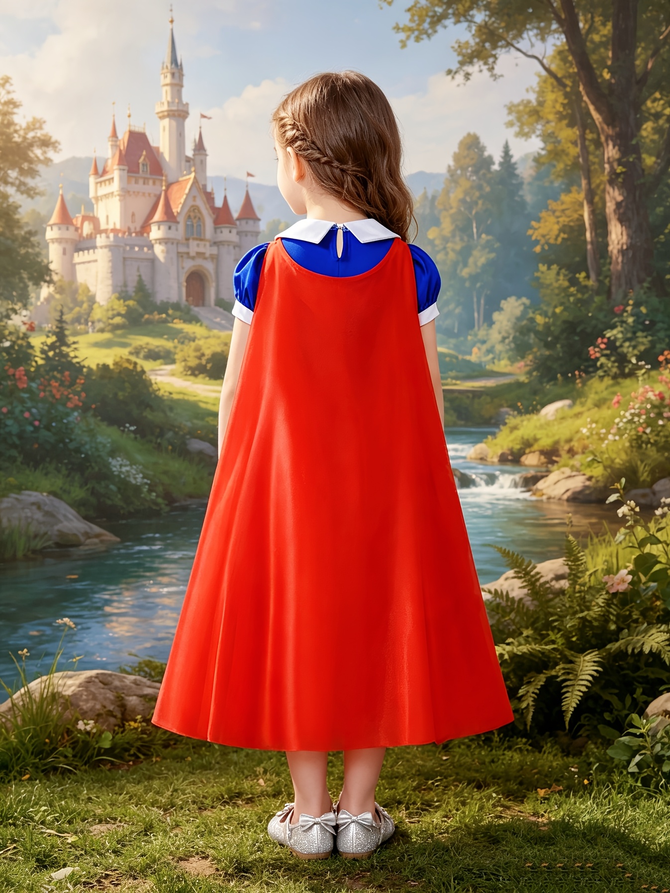 Classic Girls' Color-Block Dress with Red Cape and Accessories