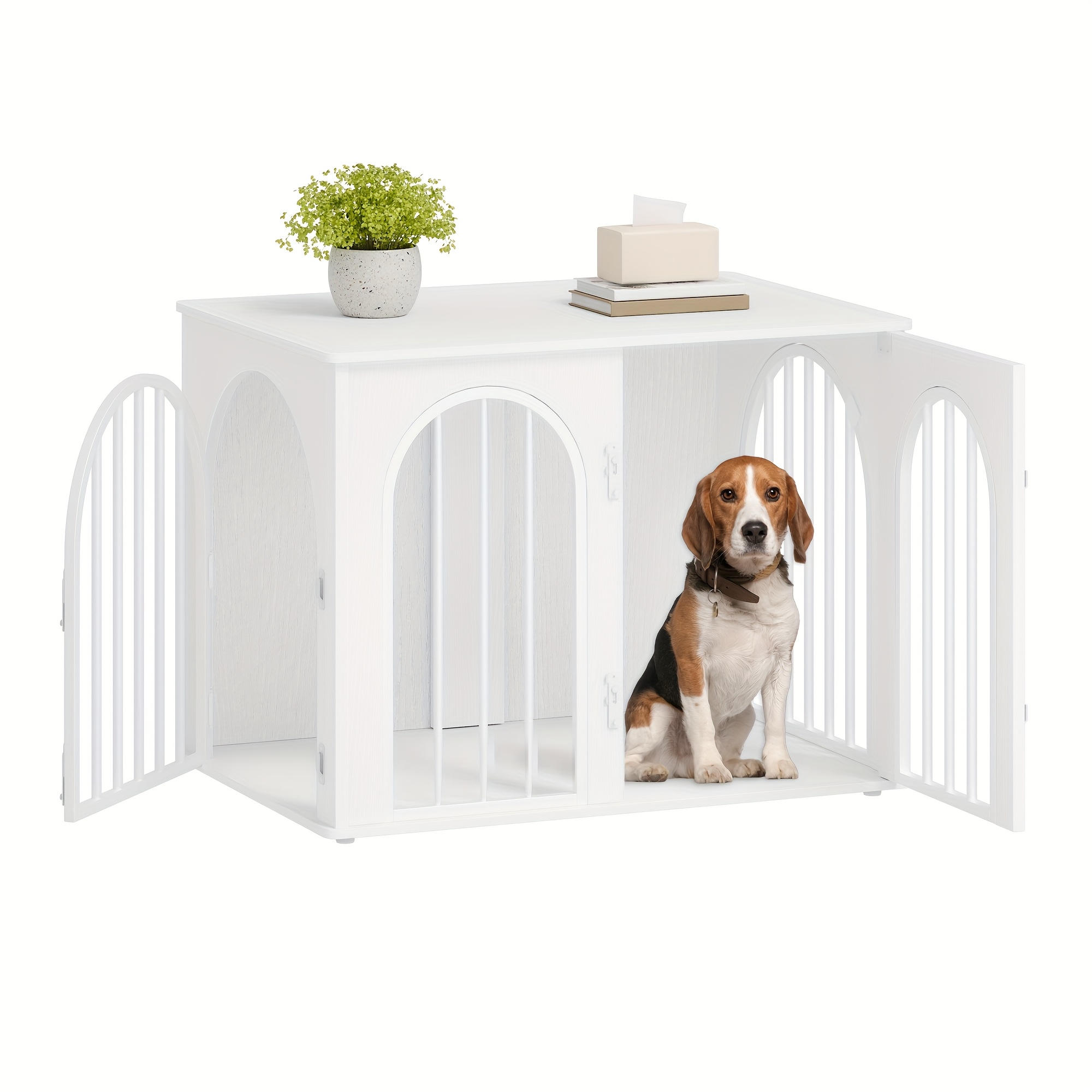 Dog Cage Furniture, 80 Dog Cage, 3 Doors, Arched Door, Modern Indoor Dog Cage, Side Table, Heavy-duty Dog Cage, 56 X 80 X 61 Cm, White/light Ivory Color.