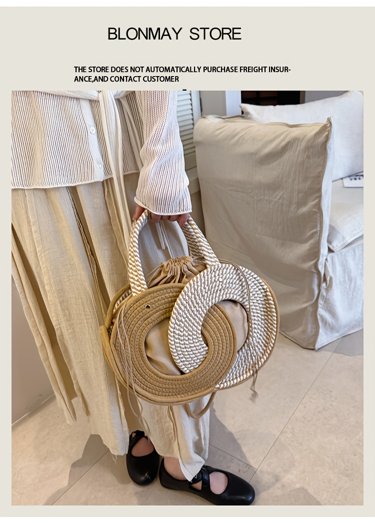 Women's Single-Shoulder Bag, Fashionable Color-Block Woven Bag, Beach Bag, Handbag, Large Capacity, Versatile, Travel, Vacation, Tote Bag, Crossbody Bag, Hand-Carry Bag, Shopping Bag