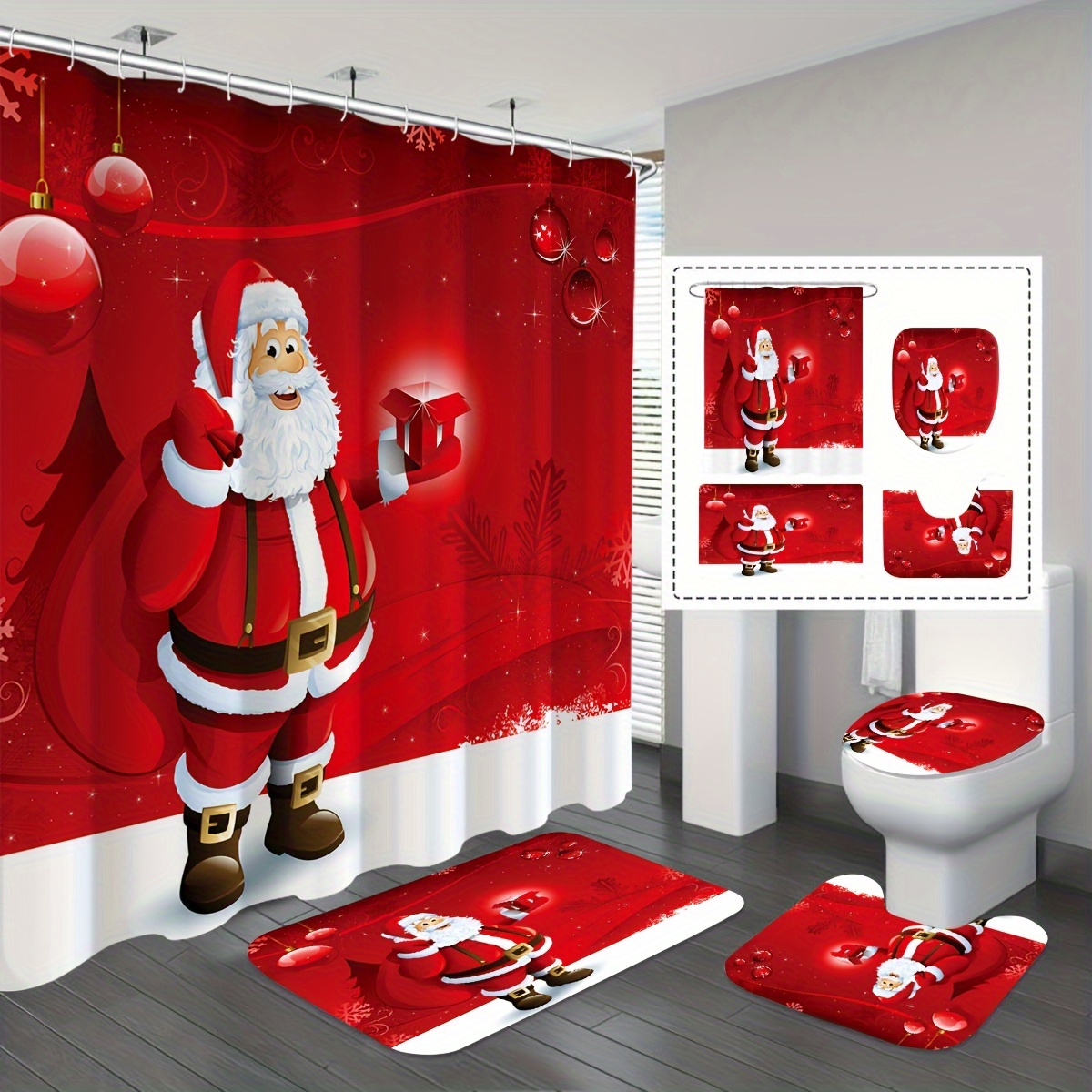 

1/3/4pcs Christmas Red Christmas Theme Full Of Santa Toilet U-shaped Pad, Toilet Pad, Bathroom Decoration, Bathroom Curtain Set, Curtains For , 12 , Bathroom Mat, Toilet Pad And U-shaped