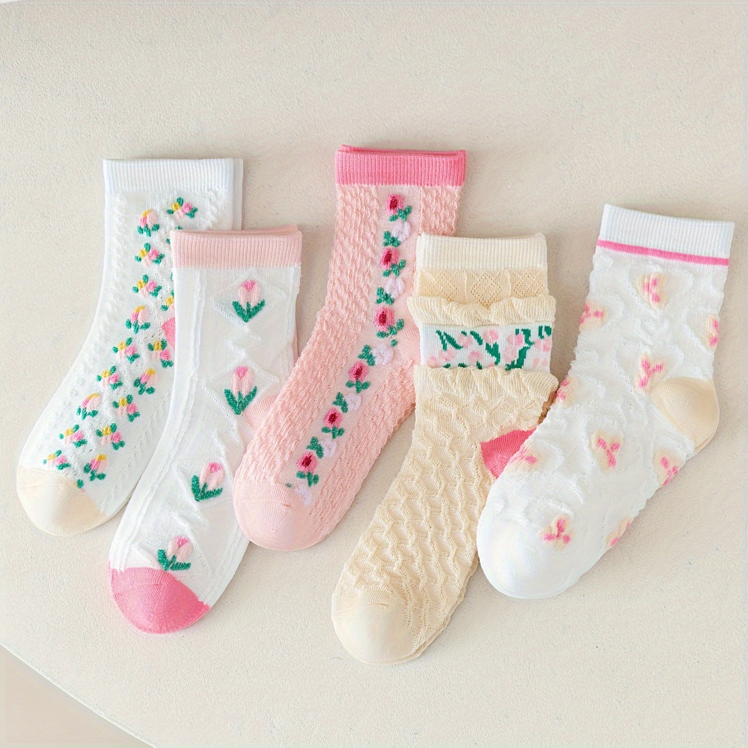 

5 Pairs Of Girl's Cartoon Floral Pattern Knitted Socks, Cotton Blend Comfy Breathable Soft Crew Socks For Outdoor Wearing