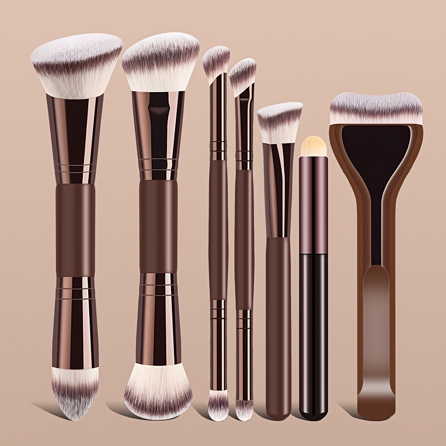 TEMU Set di 7 pennelli da trucco a testina, pennello per fondotinta, contouring e blush con setole morbide, set completo multifunzionale di strumenti