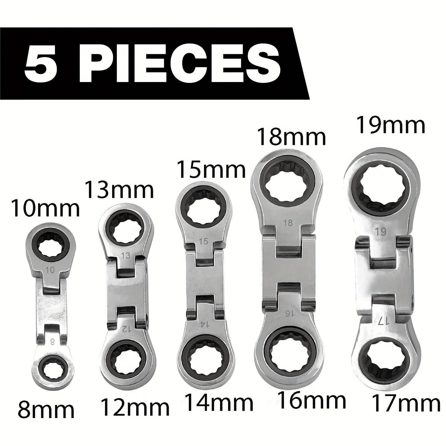 TEMU 5pcs 72-tooth Short-handle Flexible Head Ratchet Wrench Set, + Flexible Head, Full Metric Size Coverage 8-19mm, Suitable For Automotive Repair,