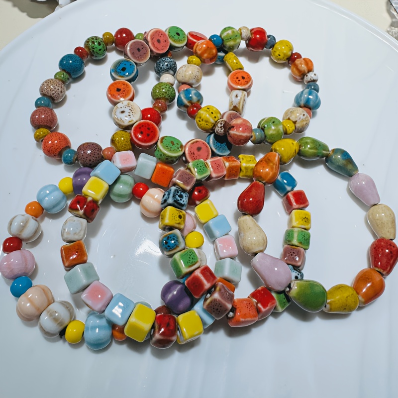 TEMU 7pcs Ceramic Bracelet Set, Handmade Colorful Glazed Bead Bracelets, Vintage Bohemian Style Stackable Jewelry, Adjustable Wrist Accessories For