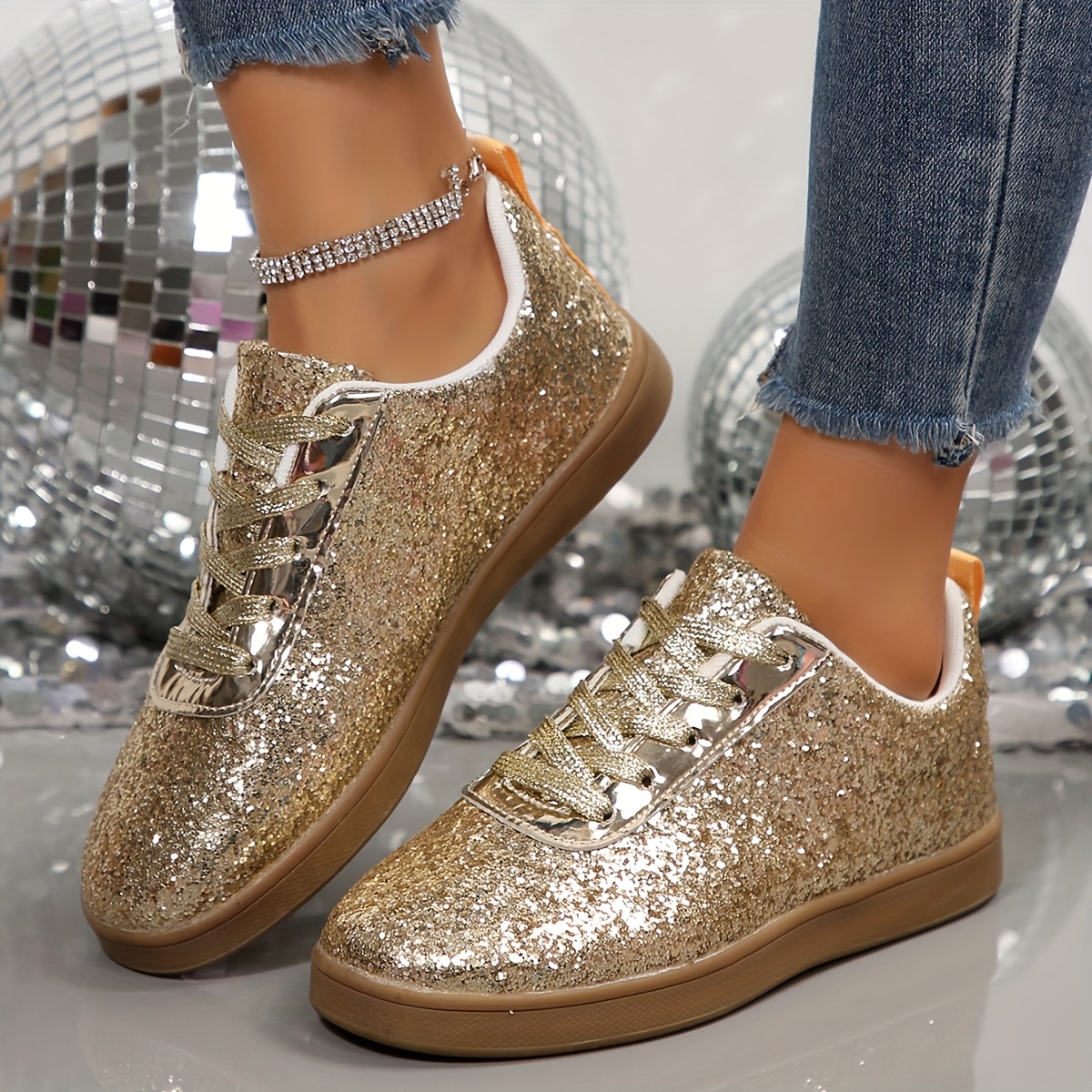 Womens Shoes Gold Glitter Shoes LUCKY STEP Buy Glitter Lace-up