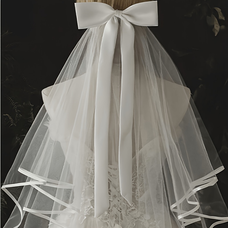 TEMU 1pc White Bow Tulle Bridal Veil, Suitable For Weddings, Short Travel, Romantic Fresh, Valentine's Day Accessory
