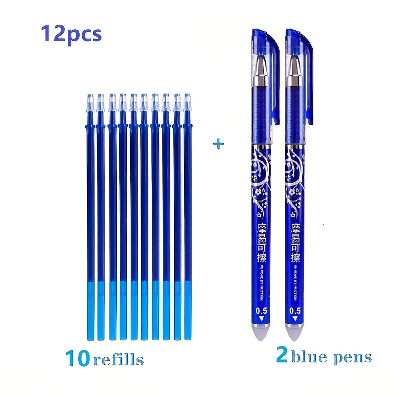 Image of 12-pack: 2 Pens + 10 Refills, Erasable Gel Pen 0.5mm Blue With Replaceable Refills, Magic Erasable Gel Pen With Full Needle Point, Dry Erase For Office And Student Stationery