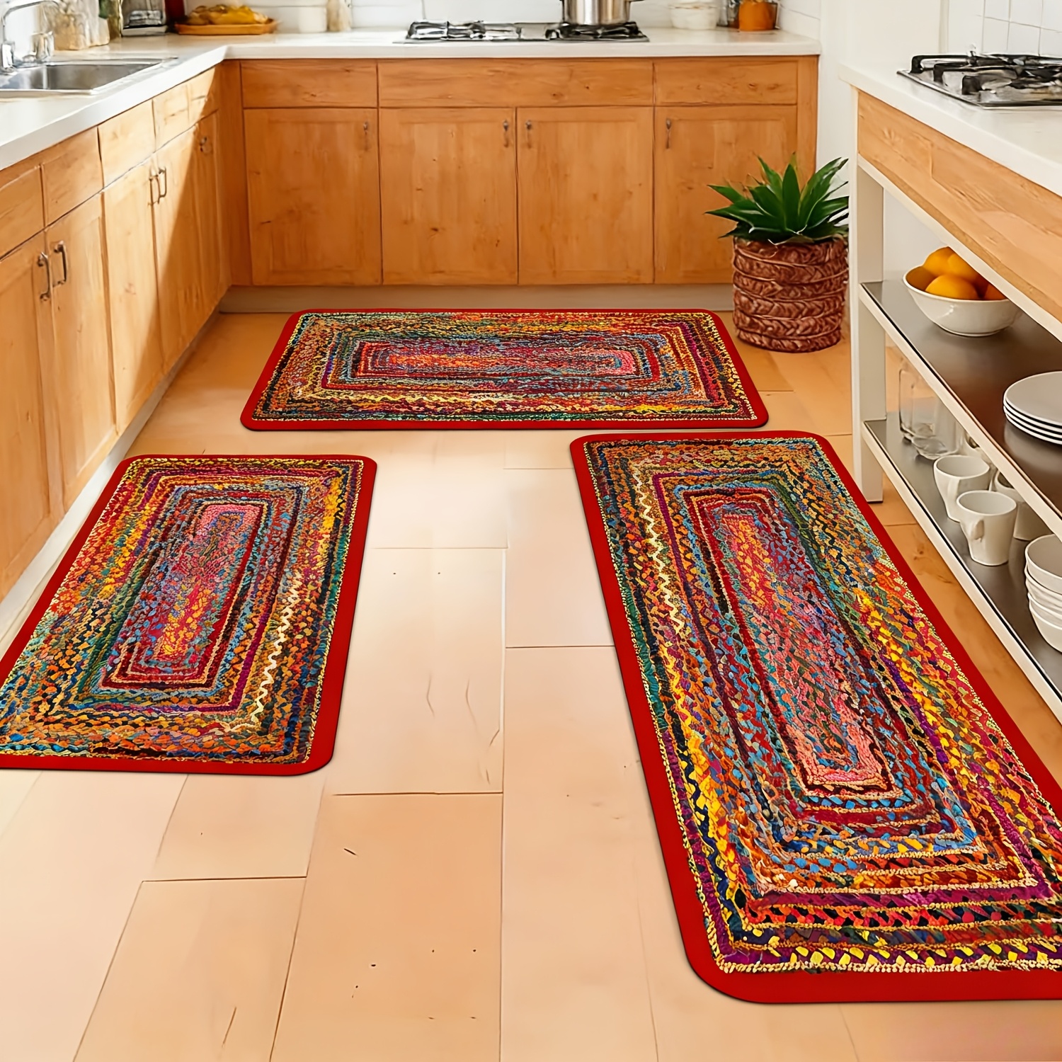 3pcs Kitchen Mat Set, Colorful Bohemian Mats, Soft And Comfortable, Easy To Clean, Suitable For Kitchens, Bathrooms, Living Rooms, Home Goods, Gifts For , Holiday Gifts, Birthday Gifts