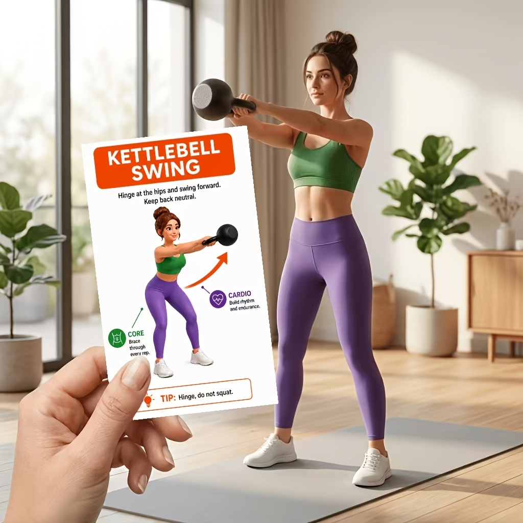 TEMU 20 tarjetas de entrenamiento con pesas rusas con ejercicios ilustrados y guía de progresión, aptas para principiantes a avanzados, tarjetas de