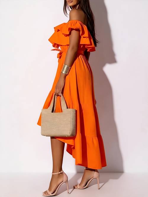 neues modisches elegantes einfarbiges kleid im europäischen amerikanischen stil mit einem schultergurt, rüschensaum unregelmäßigem für urlaub, partys festivals