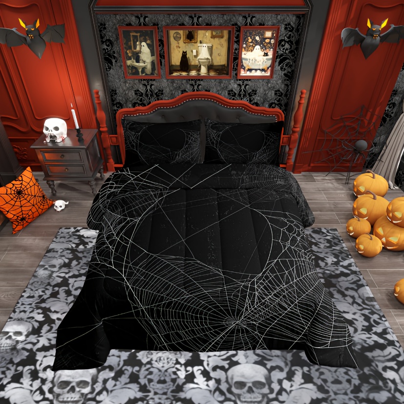 2 3pcs spider web comforter set in black white