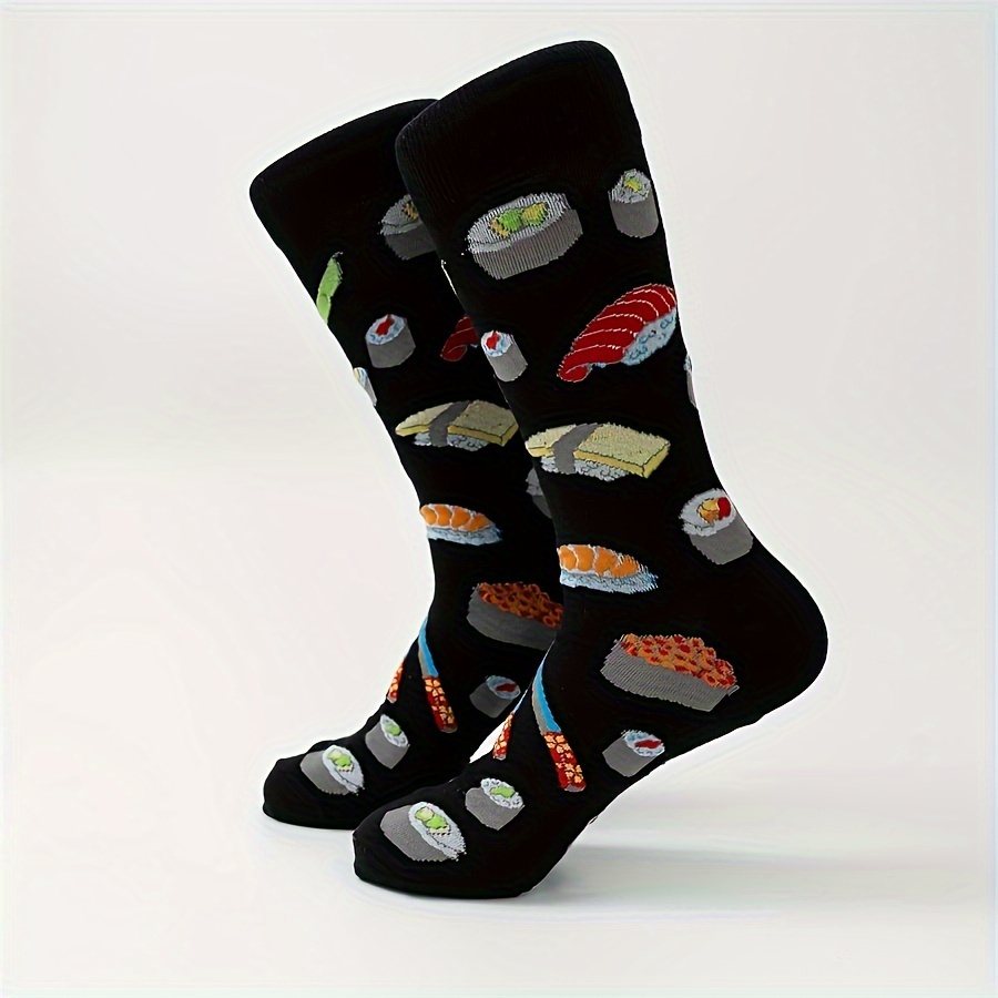 

1 Pair Men's Cotton Mid-calf Crew Socks With Sushi Food Patterns, 100% Cotton Knit Fabric, Machine Washable - Print