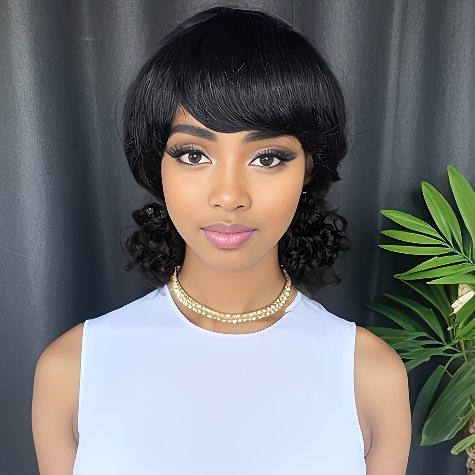 

Brazilian Human Hair Wig Short Pixie Cut Machine Made Wigs With Bangs Mullet Head Wig Water Wave Curly Ends Glueless Wig For Women None Lace Wigs Easy To Wear & Daily Party Use & Elegant 180%
