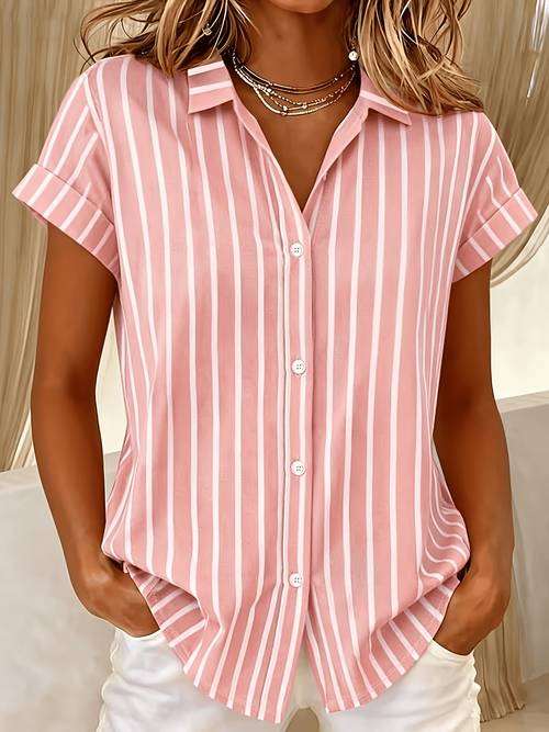 womens summer fashion striped print short sleeve lapel single breasted button front shirt casual simple top
