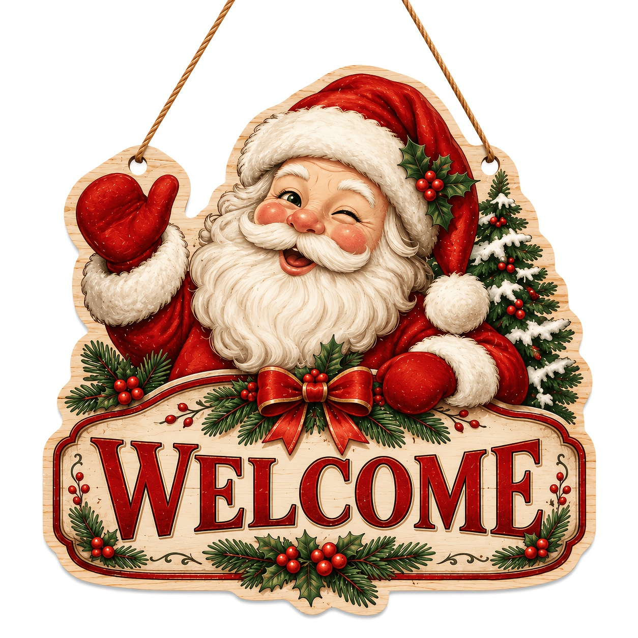 TEMU Christmas Santa Welcome Wooden Hanging Sign, Vintage Holiday Wall Decor, 2d Flat Printed Christmas Home Decoration For Indoor Holiday Decor