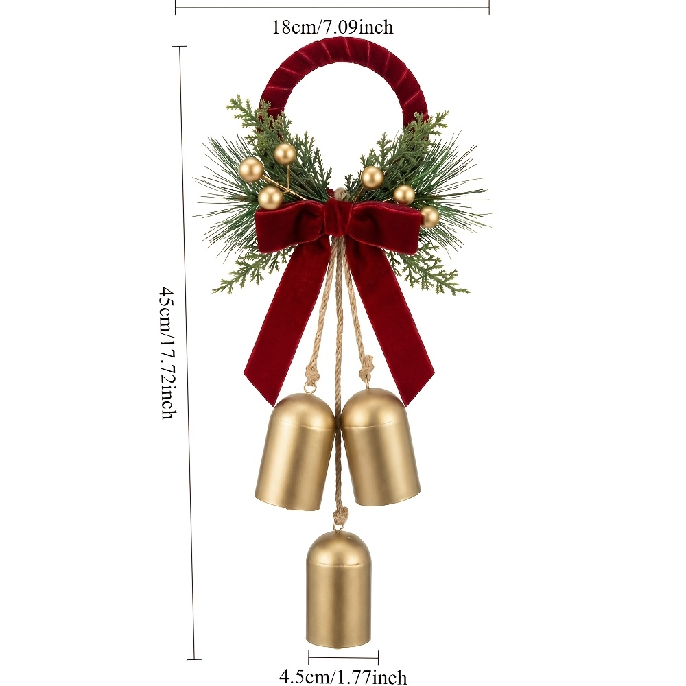 TEMU Farmhouse Style Christmas Wind Chime Door Hanger, Vintage Golden Bell With Pine Needles And Red Bow, Clear Ringing Sound, Entryway And Foyer