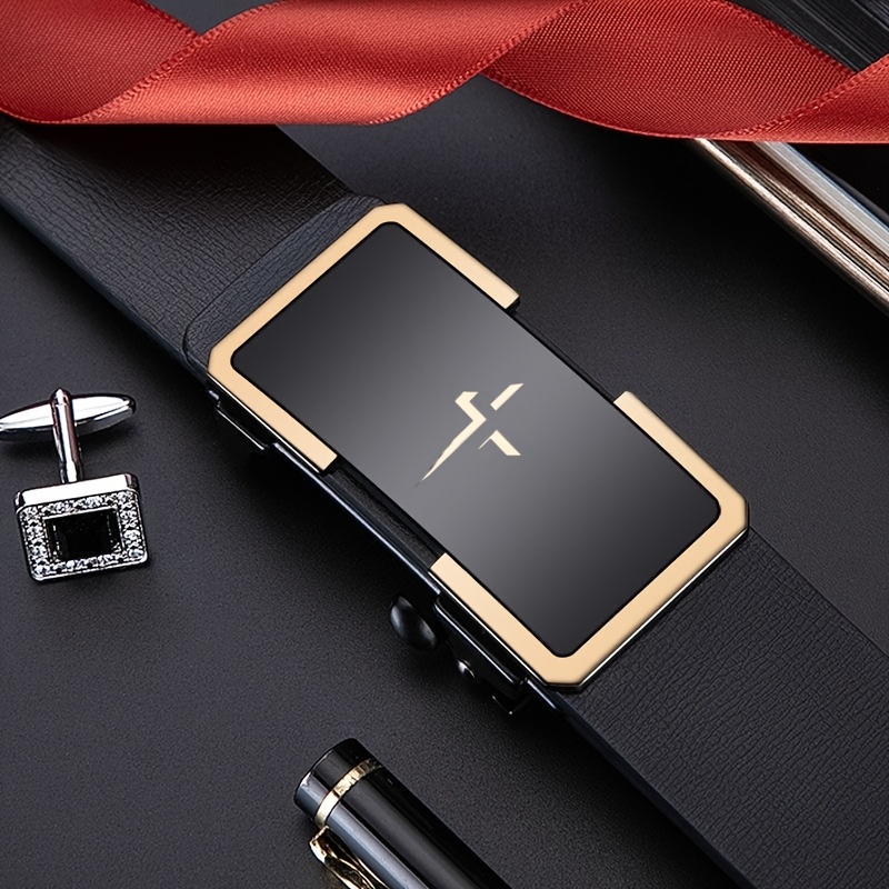 Men's Belt with Cross Pattern and Alloy Automatic Buckle