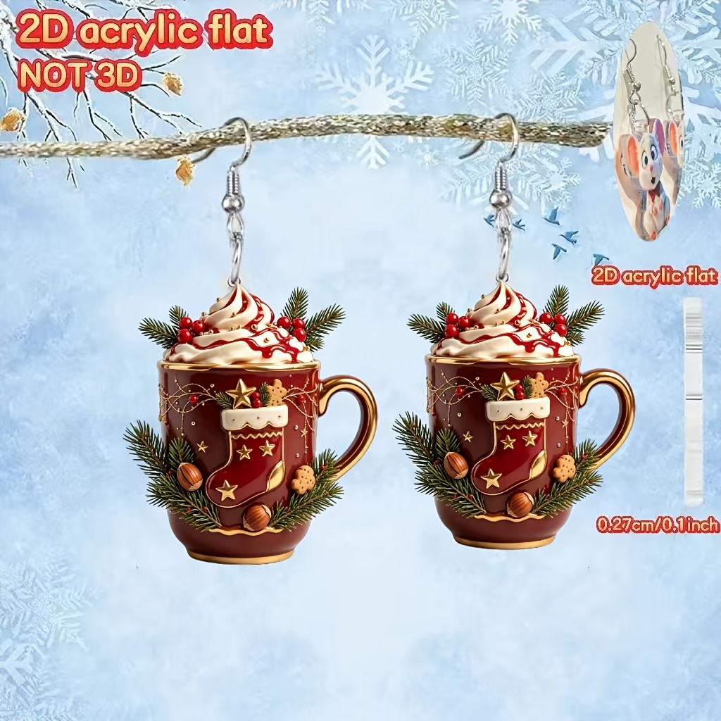 2D Flat Christmas Coffee Earrings for Women