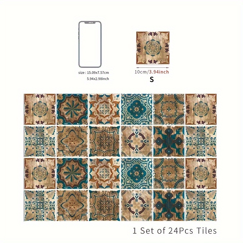 24pcs/set, Retro Self-adhesive Pattern Tile Stickers, Used For Bathroom, Furniture, Cabinets, Decoration Wall Stickers