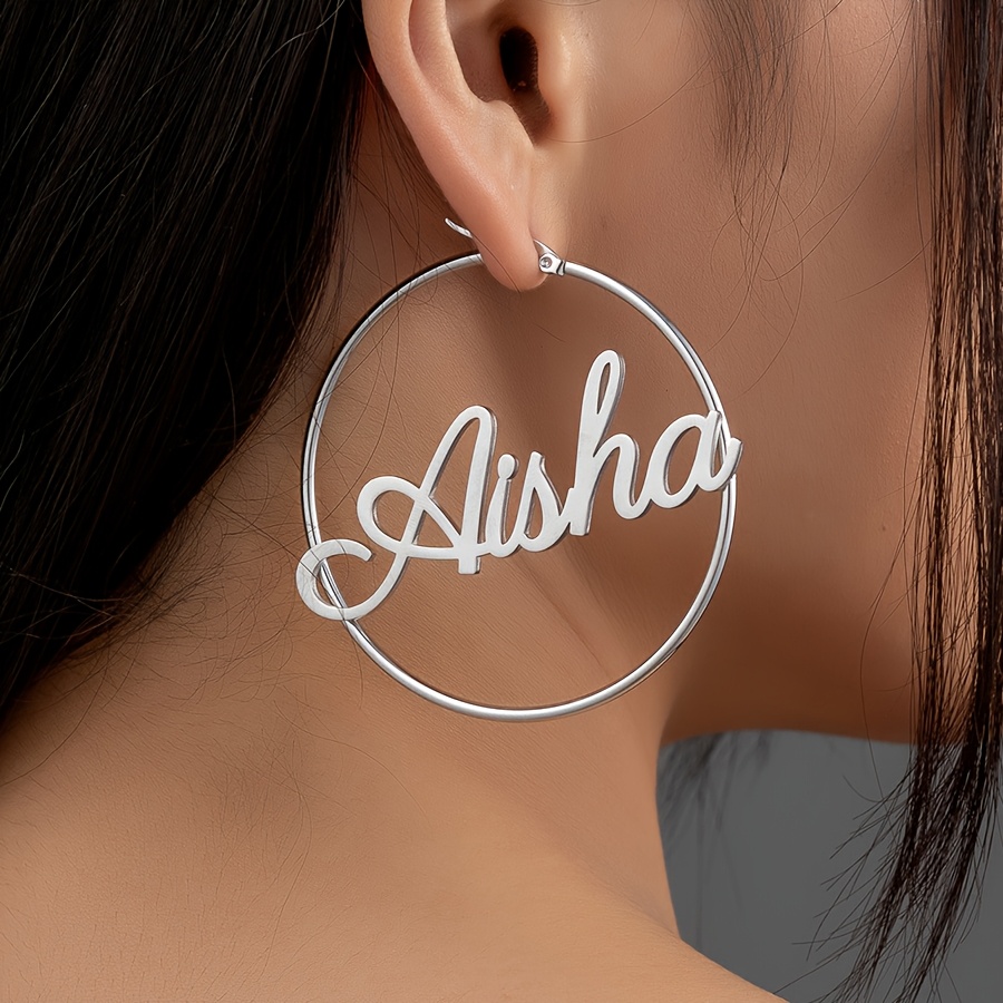 TEMU Customizable Golden Stainless Steel Name Hoop Earrings - Chic & For Women, Ideal For Daily Wear & Special Occasions, Perfect Birthday & Gift,