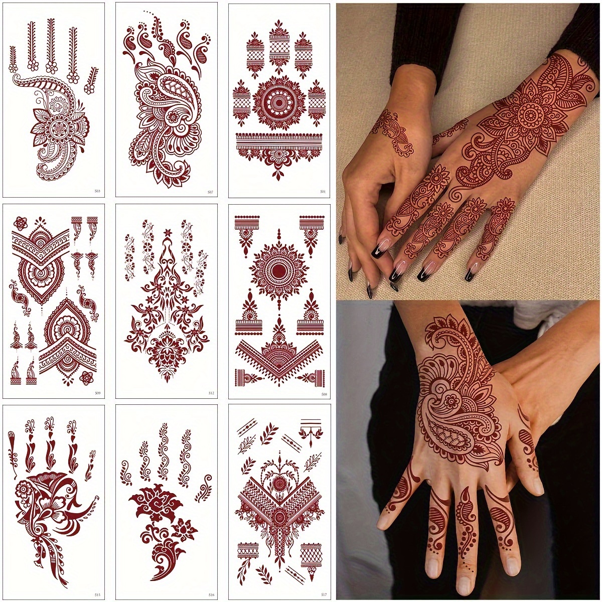 

Temporary Tattoos For Women, Waterproof Body Art Stickers, Hand Painted Henna Design, Long Lasting Fake Tattoos For Fingers And Back Of The Hand - 1pc Oblong Shape