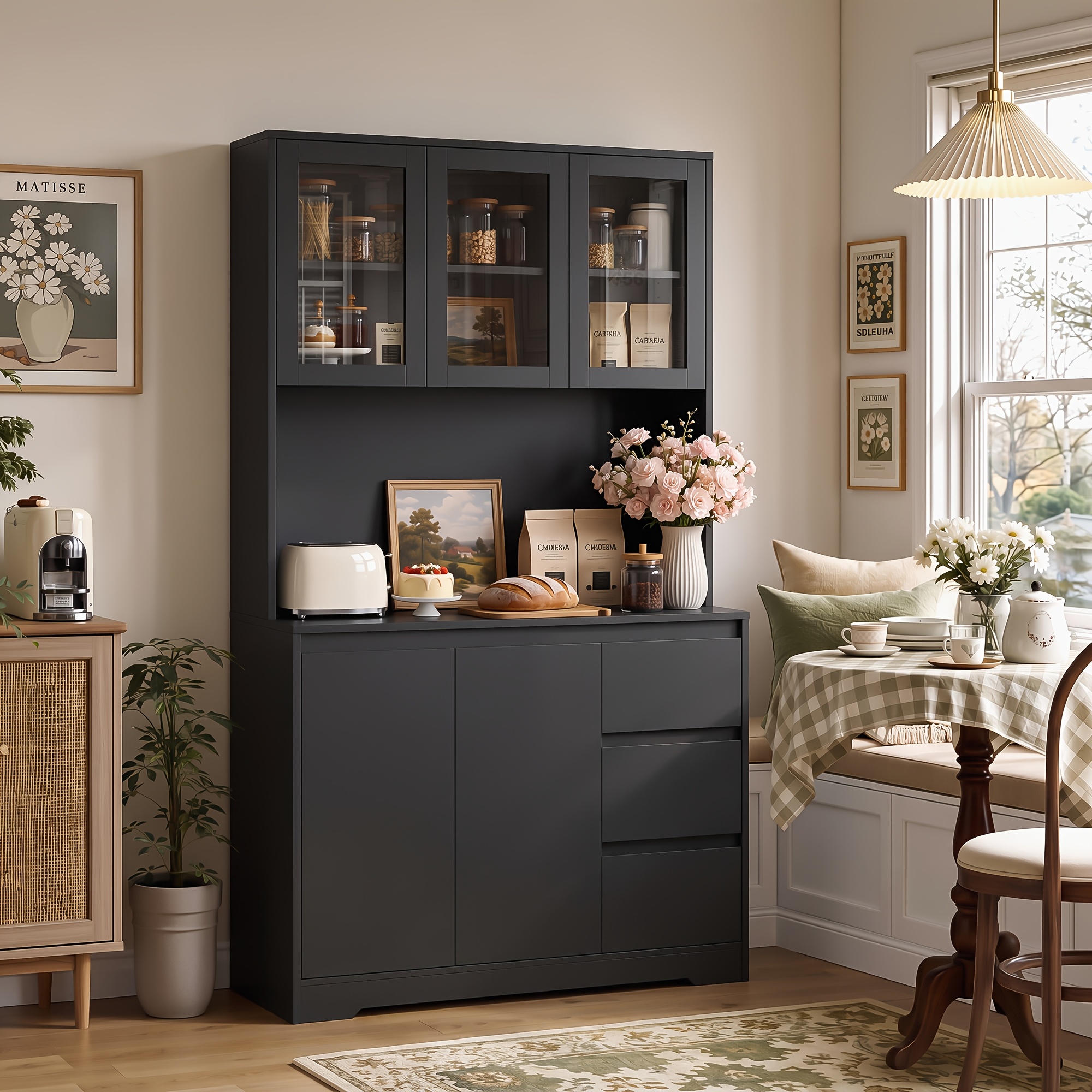 Image of Kealive Large Kitchen Cabinet, Sideboard, Buffet Cabinet, Kitchen Furniture, Kitchen Storage Cabinet, Dining Tableware Cabinet, With 3 Drawers, 5 Doors, Adjustable Shelves