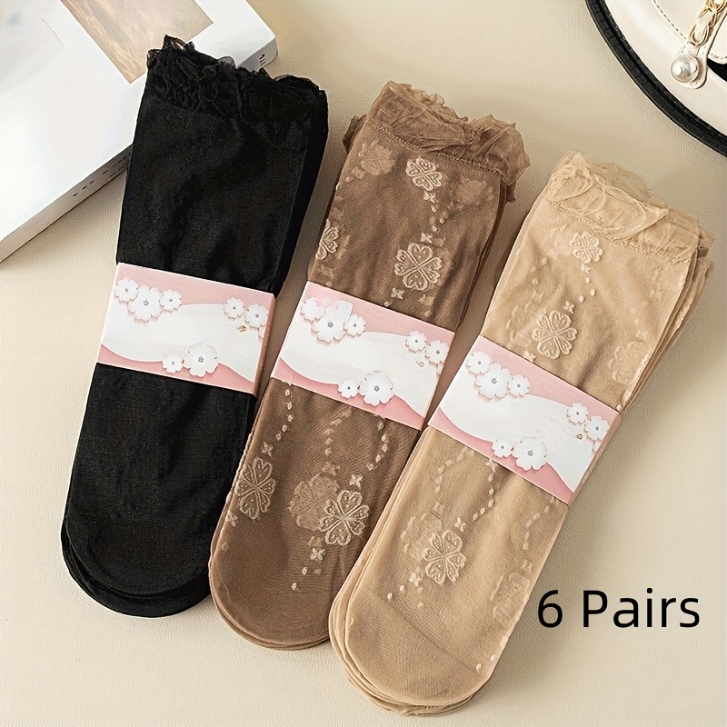 3 Pairs/6 Pairs Elegant Lace Women's Long Socks With Floral And Bow Patterns - Soft, Spring Ankle Socks, Breathable Design