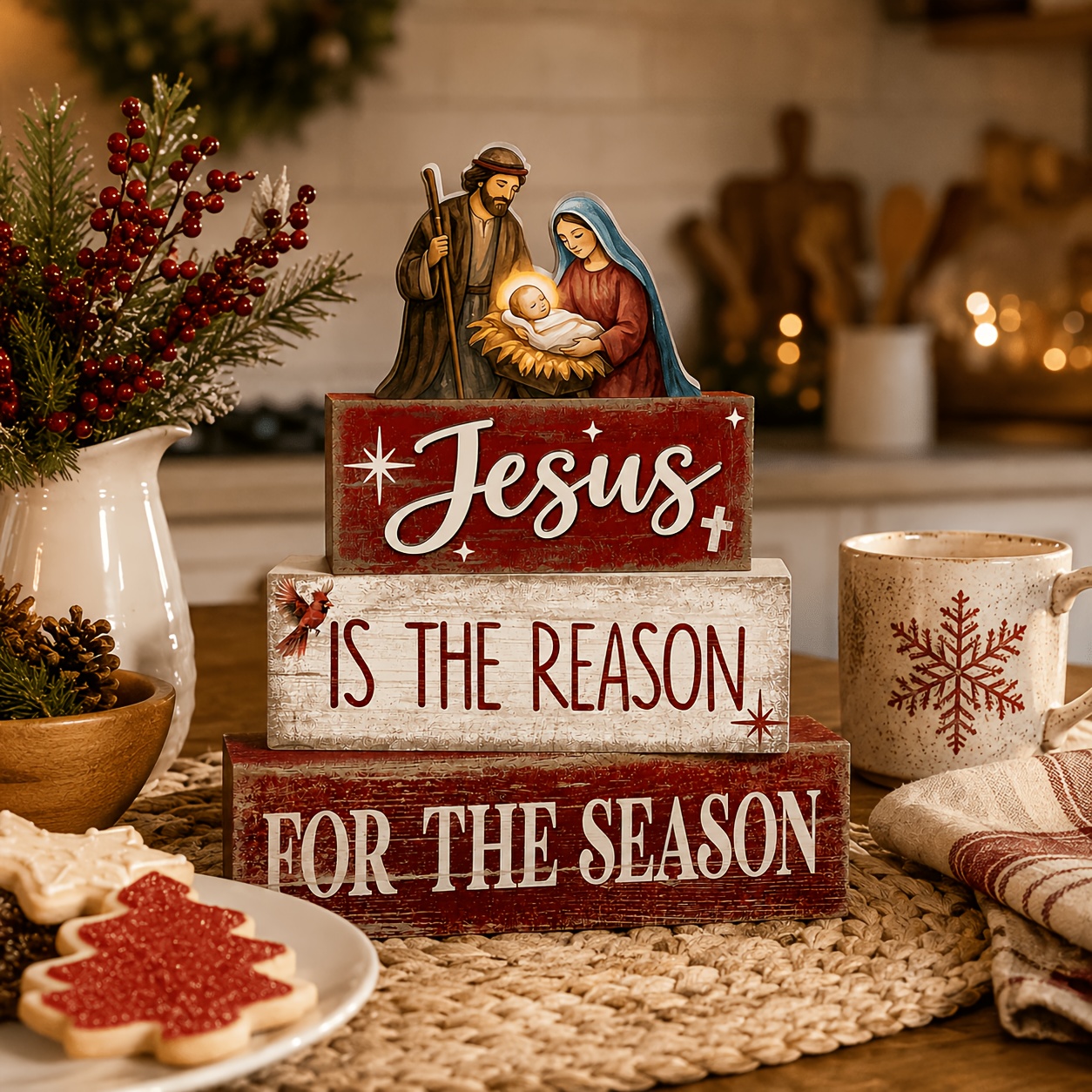 TEMU Christmas Wooden Christian Religious Tray Decor, Nativity Scene Party Table Centerpiece, Winter Country Block Decor, Divided Into Tray Table