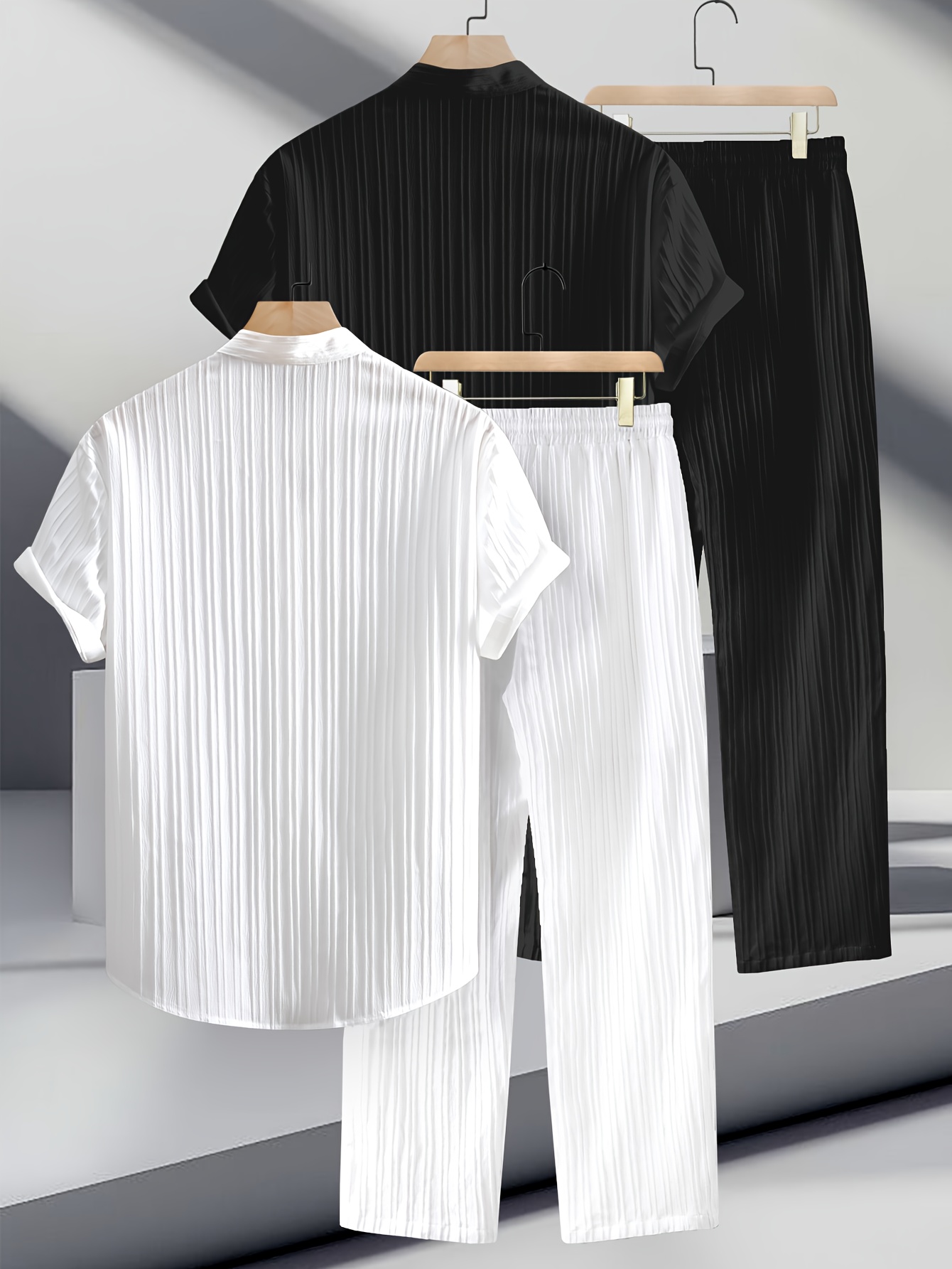Men'S 4pcs Set, a Combination of Striped Casual Short-Sleeve Shirts And Casual Pants, Featuring a Stand-Up Collar Top, Easy And Solid-Colored, Suitable for Everyday Wear And Beach Vacations, Comfortable Outdoor Attire for Spring And Summer