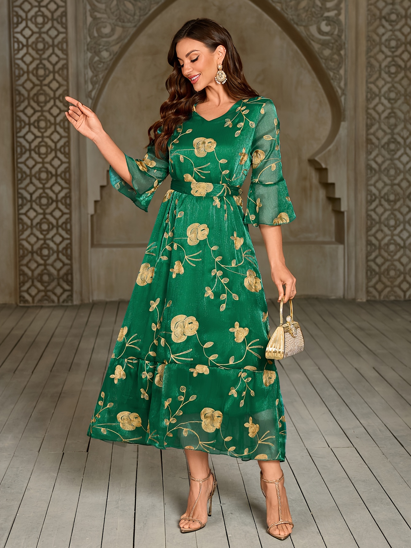 Elegant Green Floral Maxi Dress with Ruffle Sleeves and Belted Waist  V-Neck, Long Sleeve, Flowy A-Line Silhouette Spring/Summer/Fall, A