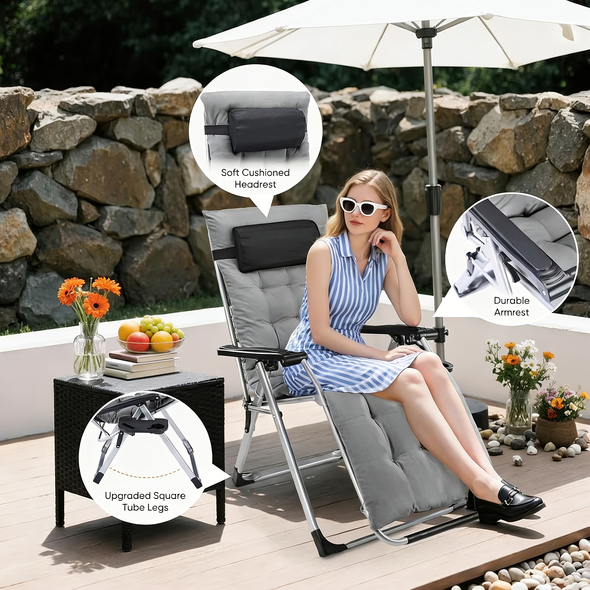 Zero Gravity Recliner Foldable Headrests, Recliner with Cup Holder Tray And Detachable Cushion, Indoor/ Outdoor Foldable Recliner, Black/ Gray 2 Zero Gravity Recliner Foldable Headrests, Recliner with Cup Holder Tray And Detachable Cushion, Indoor/ Outdoor Foldable Recliner, Black/ Gray - Image 2