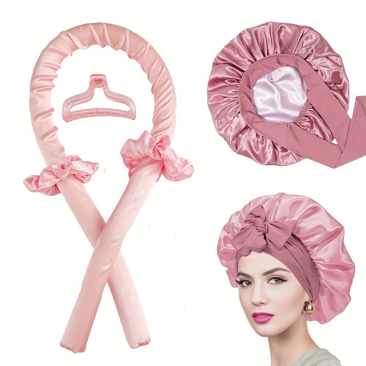 

Bonnet With Heatless Hair Curler Set, Overnight Kit To , Satin Lined Hair Bonnet And Heatless Curls Headband For Women Natural Curly