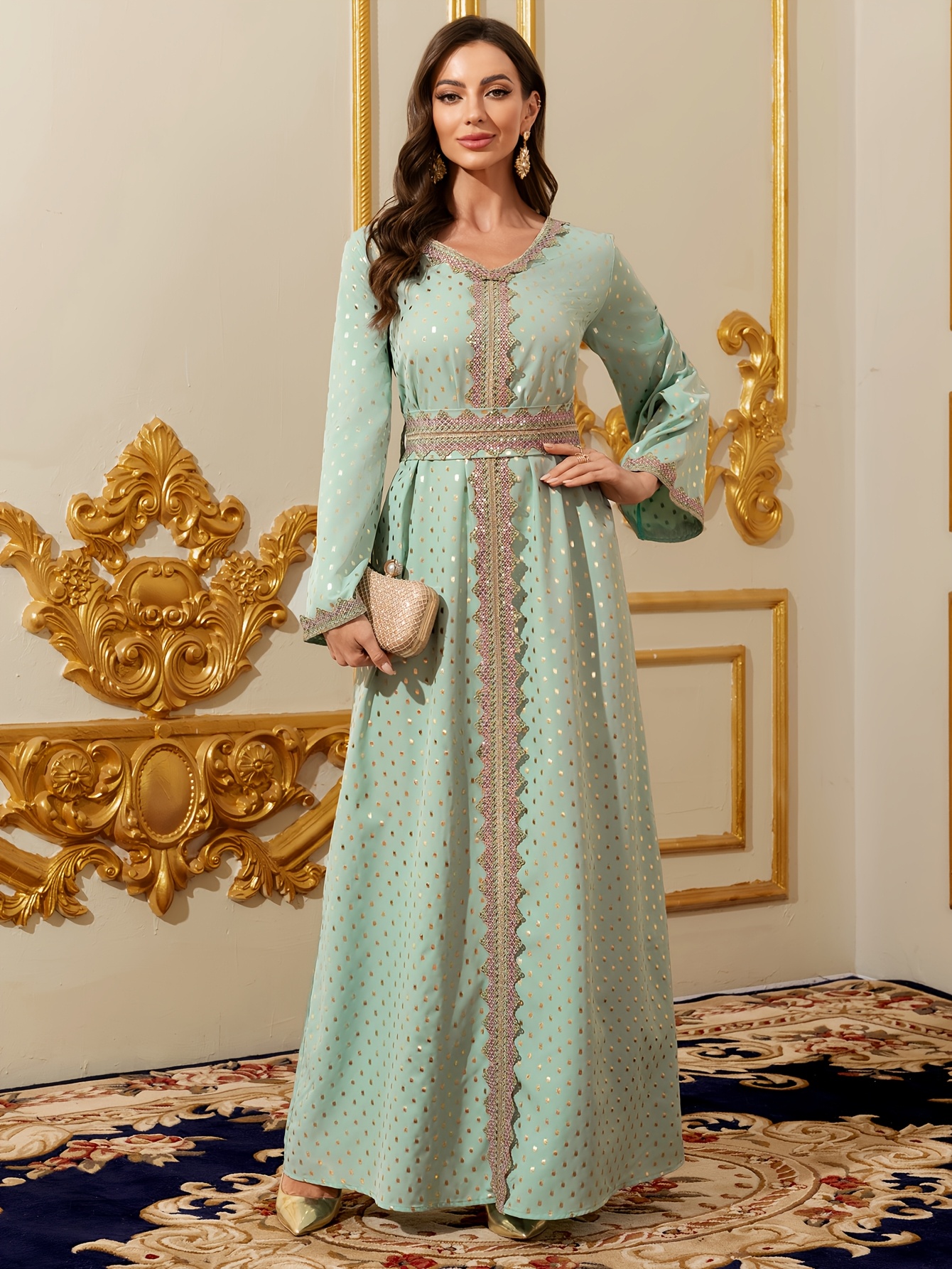 eid celebration premium mint green gilded polka dot hem robe - Temu Oman