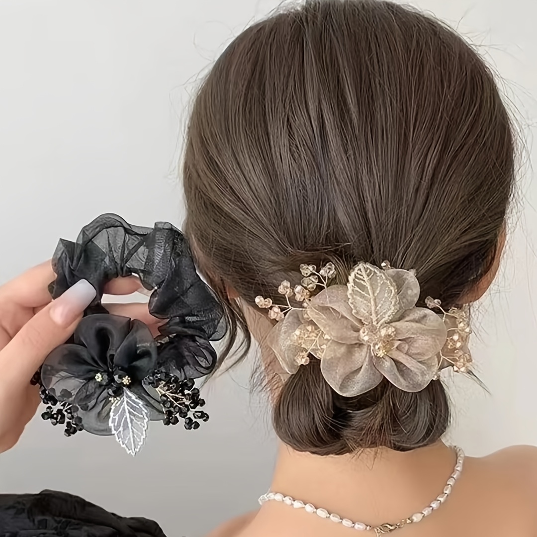 

Elegant 2pcs Floral Scrunchie Set - Vintage Embroidered Leaf Design, Minimalist Hair Ties For , Chic Accessory For Women