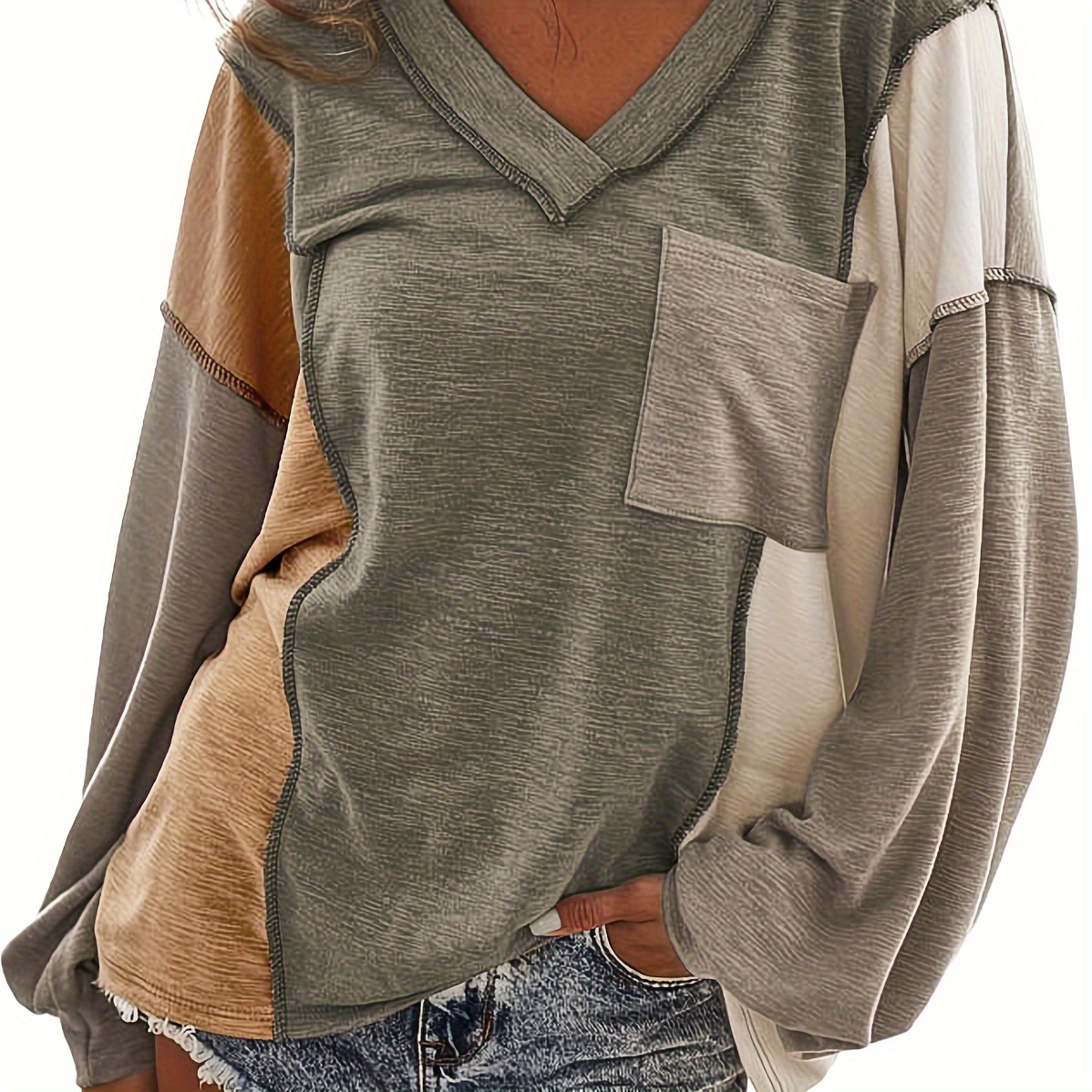 

Top-stitching V Neck T-shirt, Casual Long Sleeve T-shirt For Spring & Fall, Women's Clothing