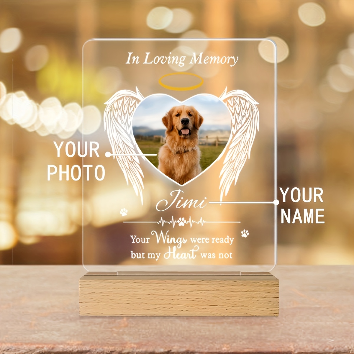 Personalized Acrylic Commemorative Pet Frame with Customized Photos And Text - Angel Wing Design, Desktop Display, Durable Souvenir, Suitable for Mourning Families, Modern, Suitable for Dogs And Cats, Pet Souvenir