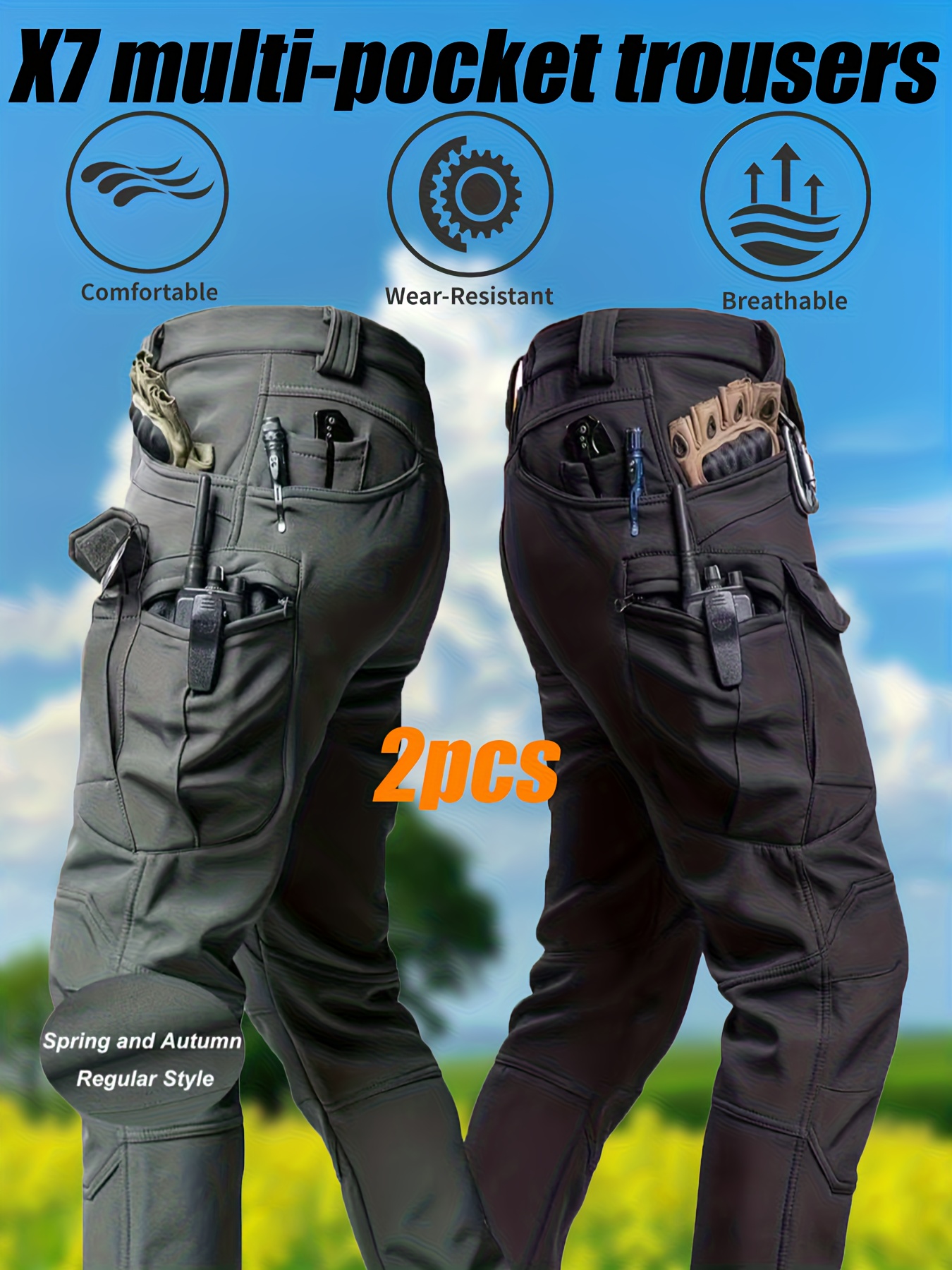 imagen del artículo 2 pantalones cargo tácticos multifuncionales con múltiples bolsillos para hombre, tela de poliéster  , pantalones casuales holgados de tiro medio y color   para senderismo  , comodidad para    , bolsillos para guardar herramientas, diseño de costuras reforzadas, funcionalidad  