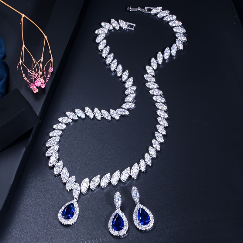 elegant 3pcs jewelry set for women luxurious   pendant necklace dangle earrings with sparkling synthetic zirconia   weddings parties details 11