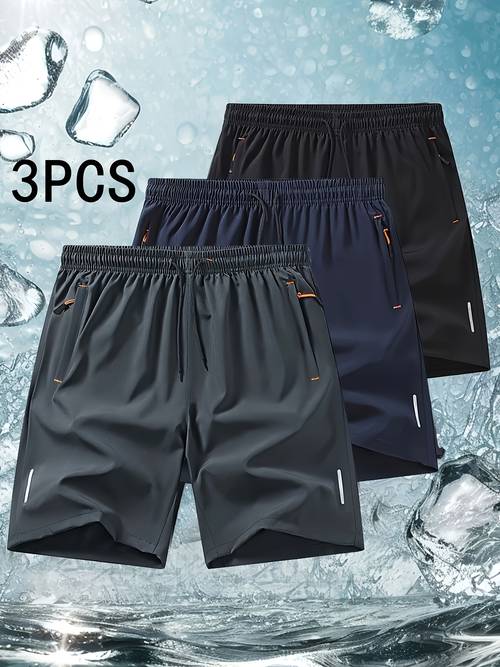 3pcs mens ultra light quick dry athletic shorts navy blue with orange accents breathable polyester spandex blend pockets elastic waistband for beach outdoor activities workout apparel drawstring shorts stretchy fabric workout clothe plus size