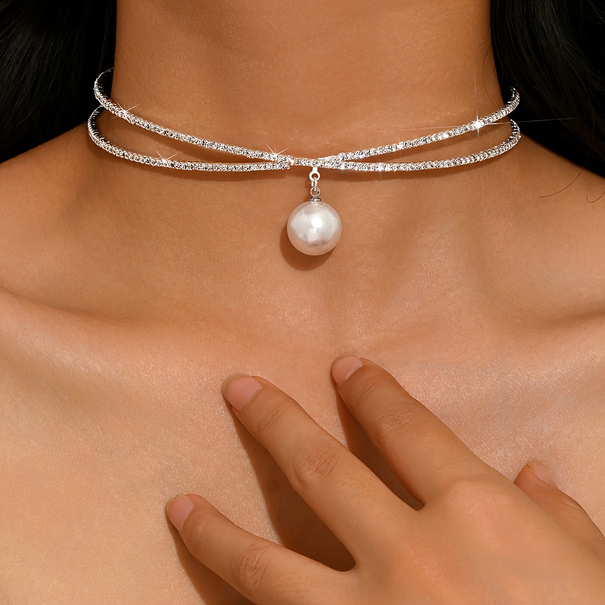 TEMU Collier ras du cou élégant et polyvalent avec pendentif à strass double rangée entièrement , un collier ras du cou et simple