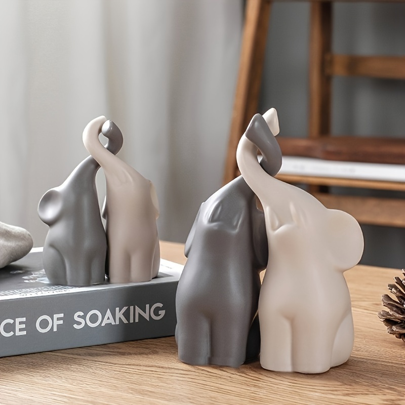

Elephant Figurines Set - Modern Ceramic Sculptures - Decorative Collectible Figurines - Beige And Grey Elephant Crafts - Artistic Collectible Decor