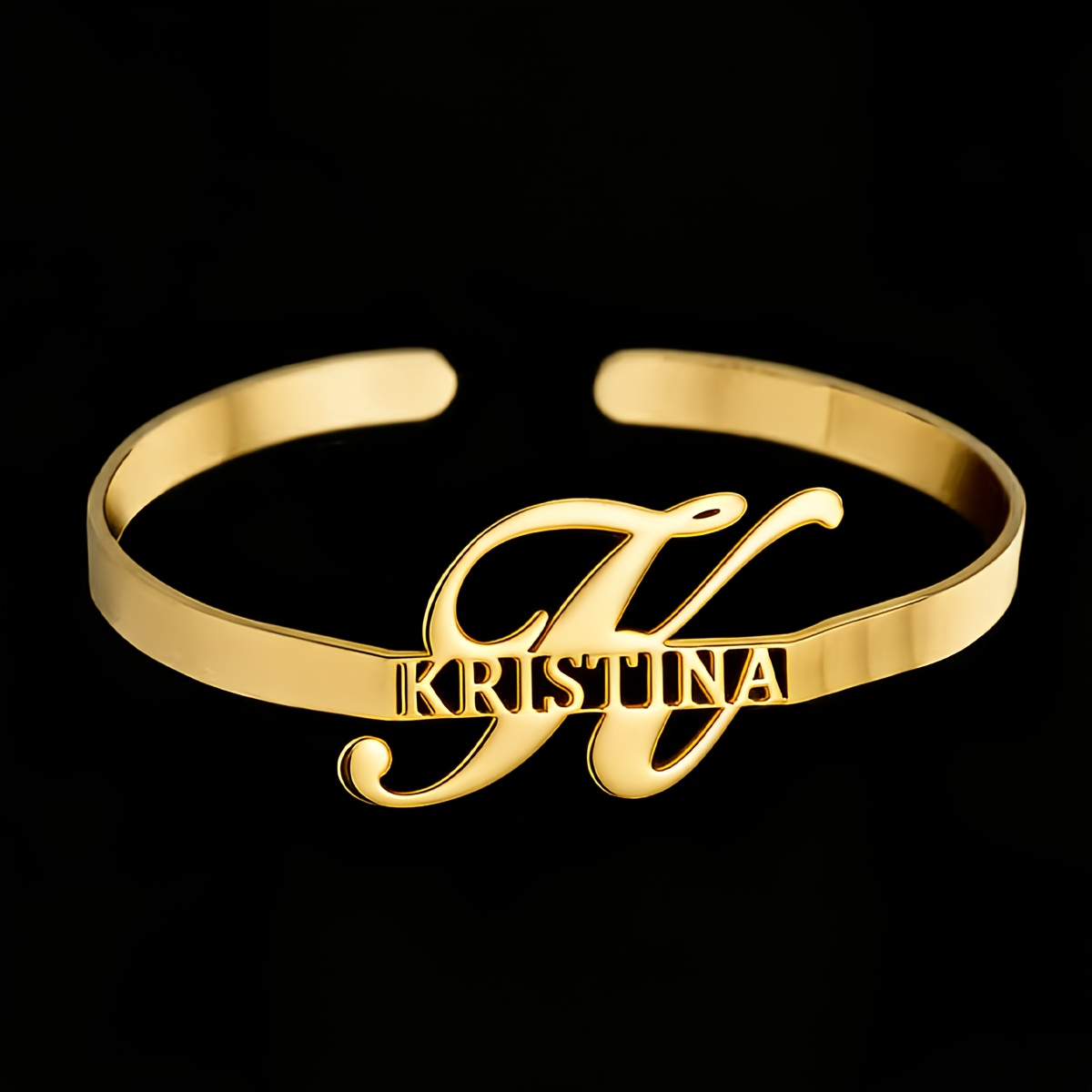 TEMU Personalized Letter Plaque Open Bangle, Elegant And Exquisite Custom Large Letter Name Bracelet For Women, 304 Stainless Steel Plaque Wrist